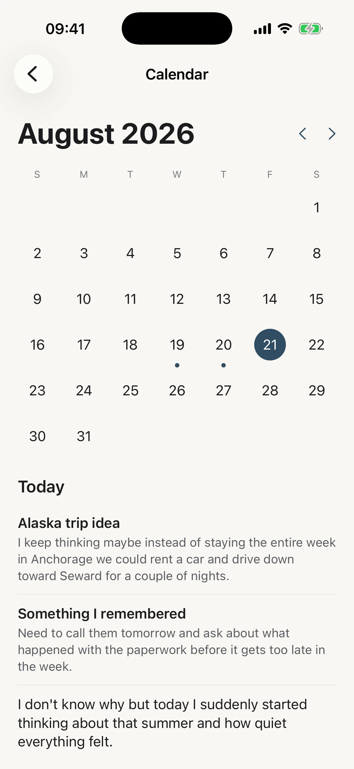 The As Told calendar for August 2026, with small dots under the days that have notes.