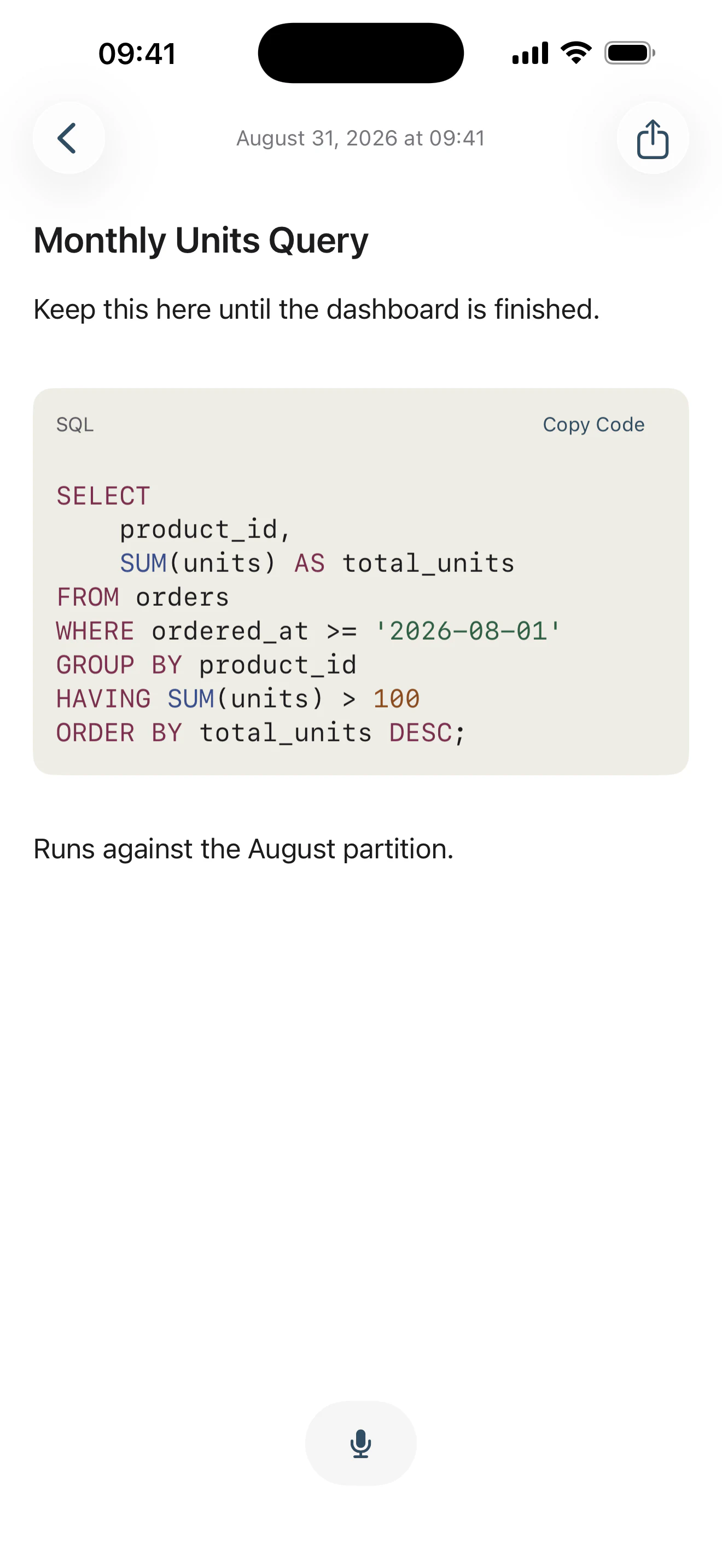 A note in As Told called Monthly Units Query: a line of prose, then a syntax-coloured SQL card labelled SQL with a Copy Code control, holding a SELECT statement over the orders table, and a line of prose below it.