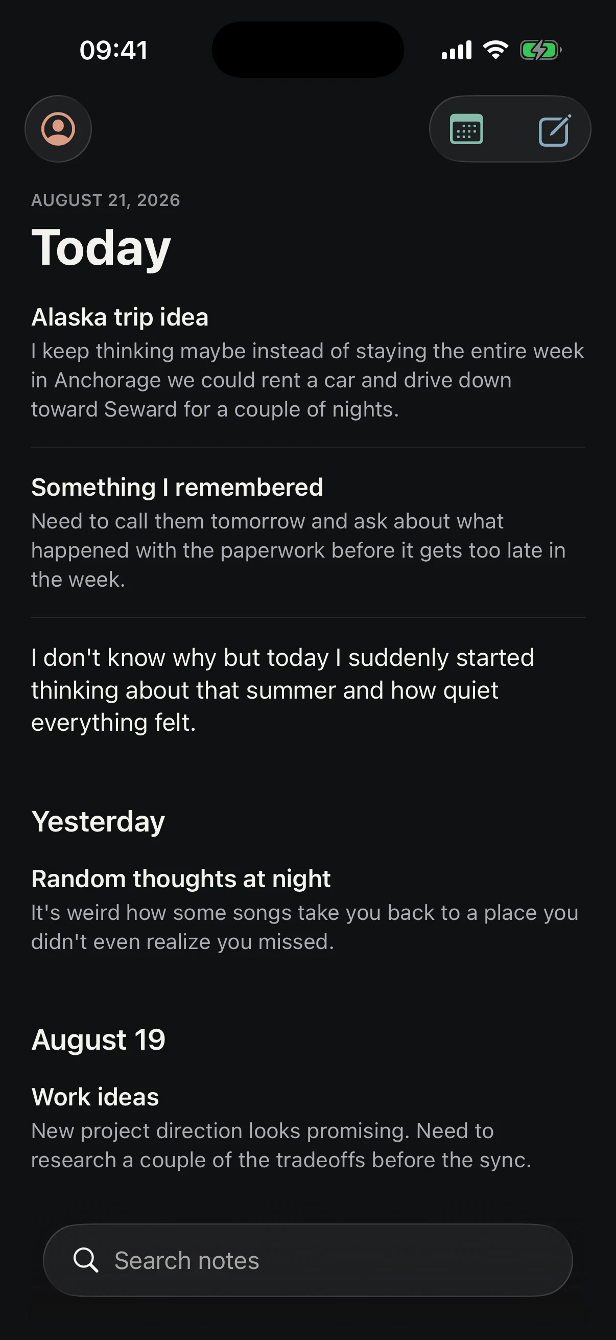 The same As Told home screen in dark mode.