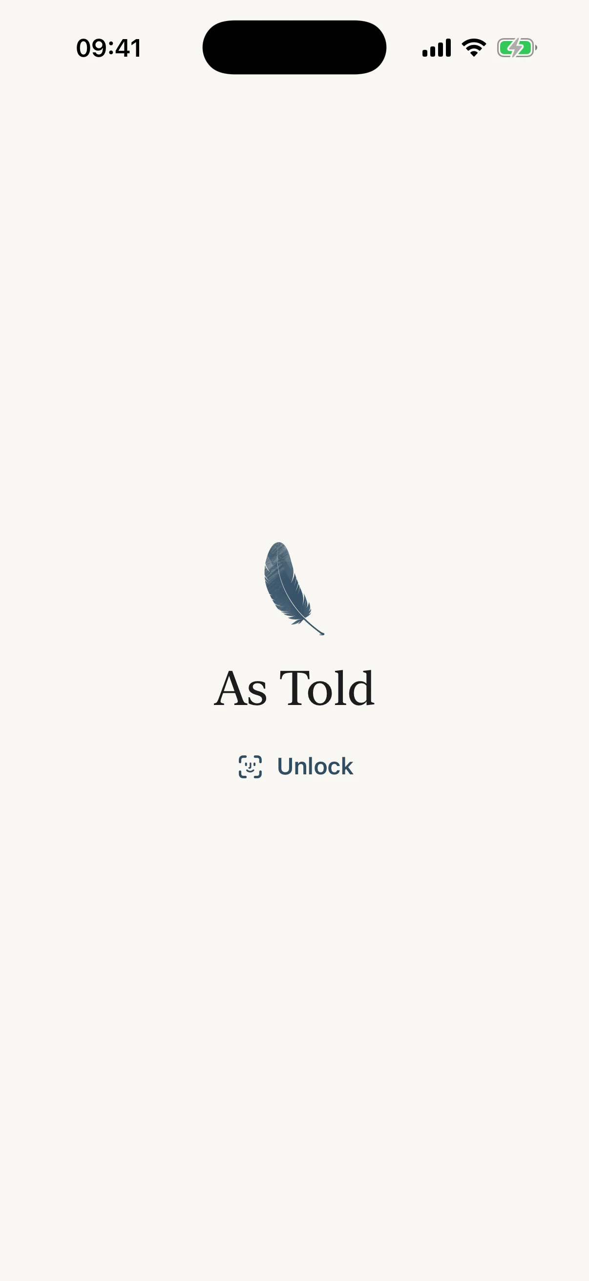 The As Told lock screen: the feather mark, the As Told name, and an Unlock control.