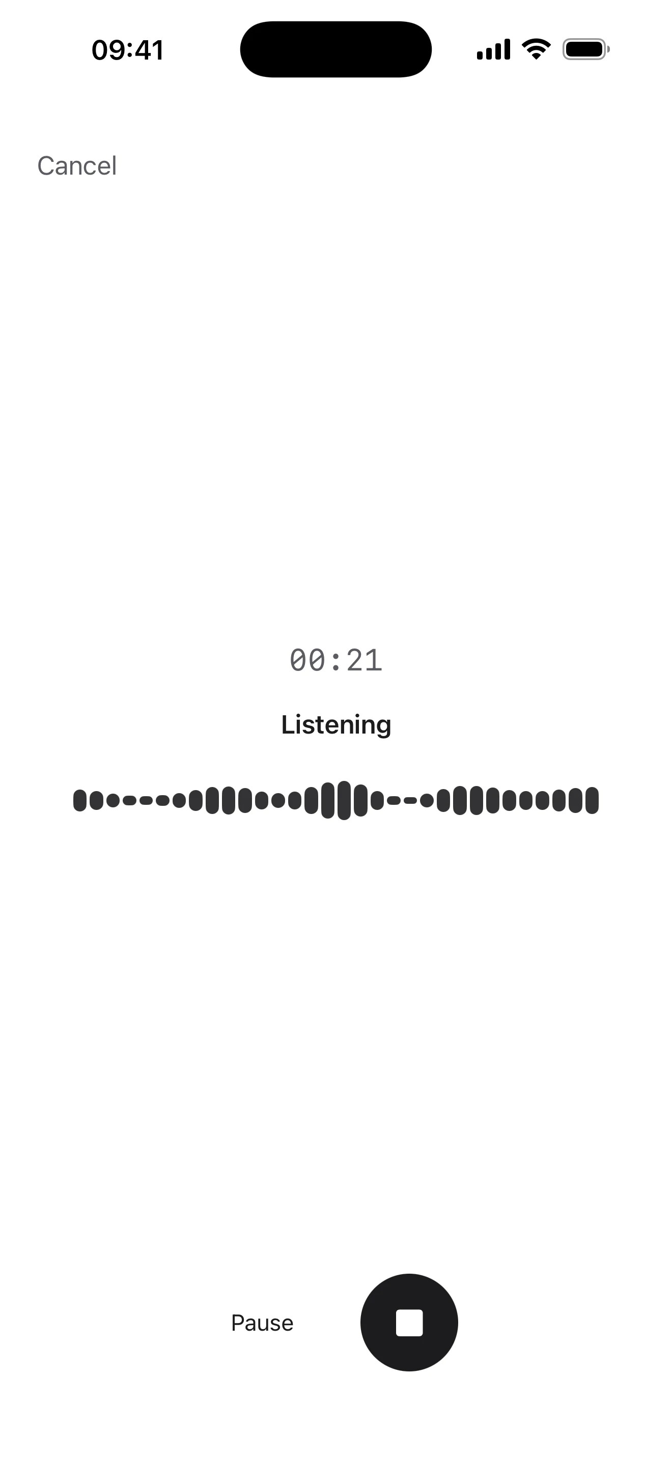 As Told recording: Cancel at the top, an elapsed time of 00:21, the word Listening, a live level meter, and Pause beside a round stop button.