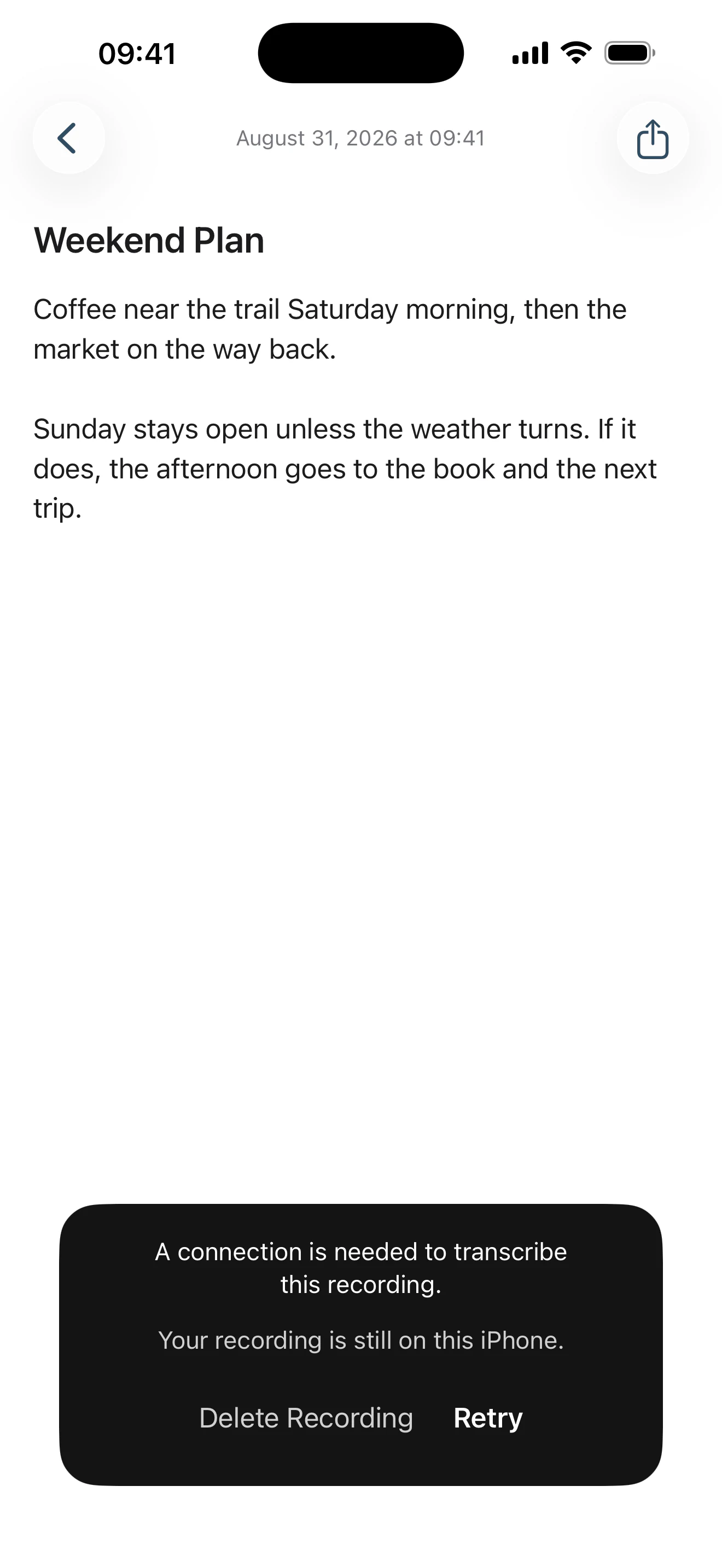 As Told after a failed transcription: over a note called Weekend Plan, a sheet reads that a connection is needed to transcribe this recording and that your recording is still on this iPhone, above Delete Recording and Retry.