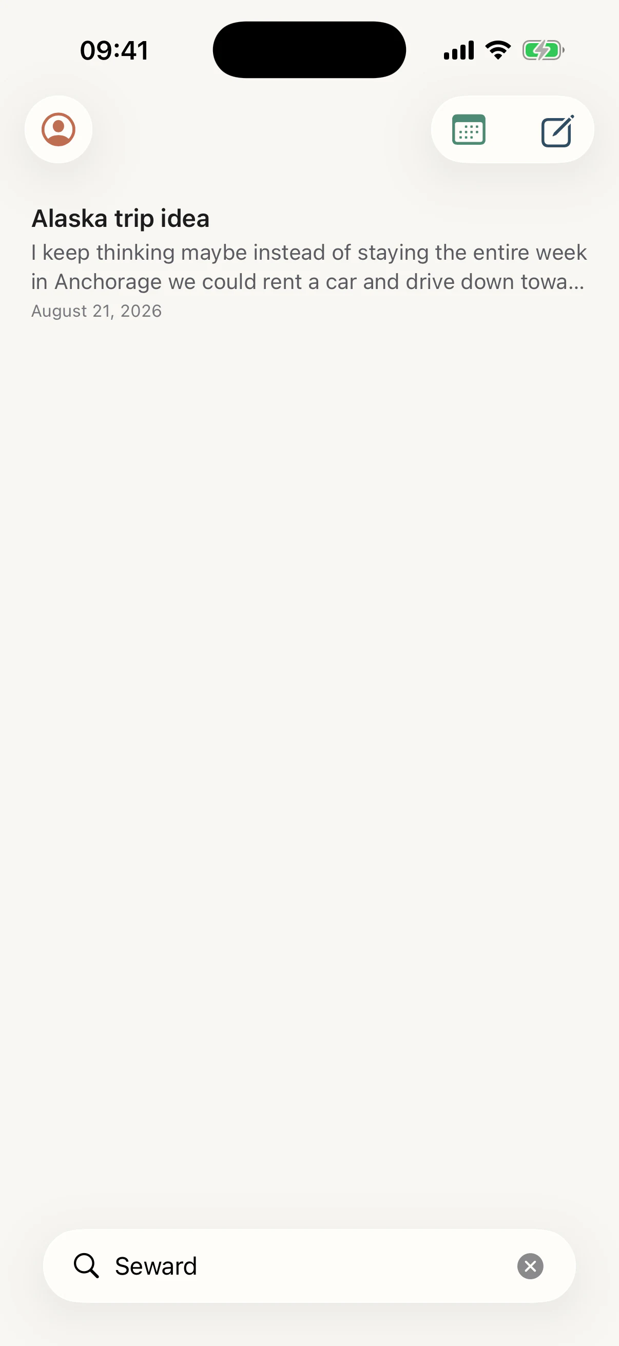 Search in As Told: typing Seward narrows the timeline to the one note containing that word.