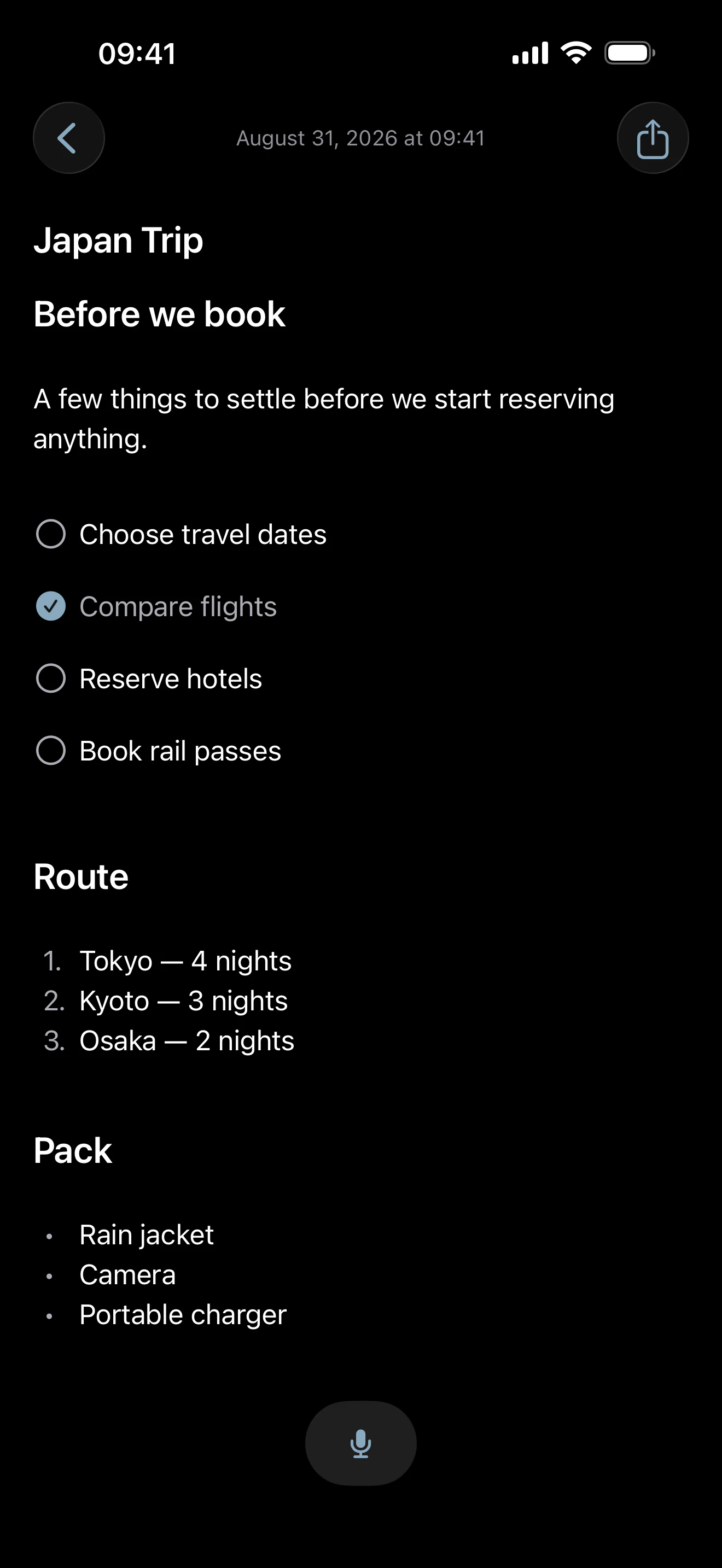 The same As Told note in dark mode, at the same scroll position.