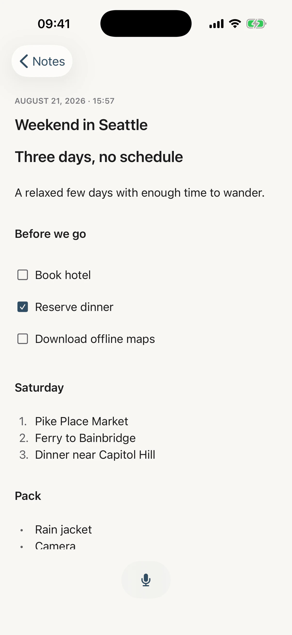 A note in As Told called Weekend in Seattle: a heading, a line of prose, then a checklist with one item ticked, a numbered list of Saturday plans, and a bulleted packing list.